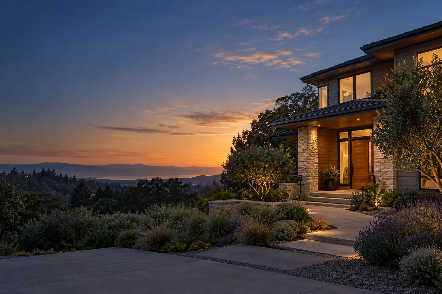 Contemporary California home at sunset